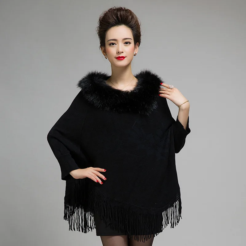 

2017 new elegant Imitation fox Fur collar knit cape Print tassel sweep Faux Fur poncho pullover Fur coat for women,5 color