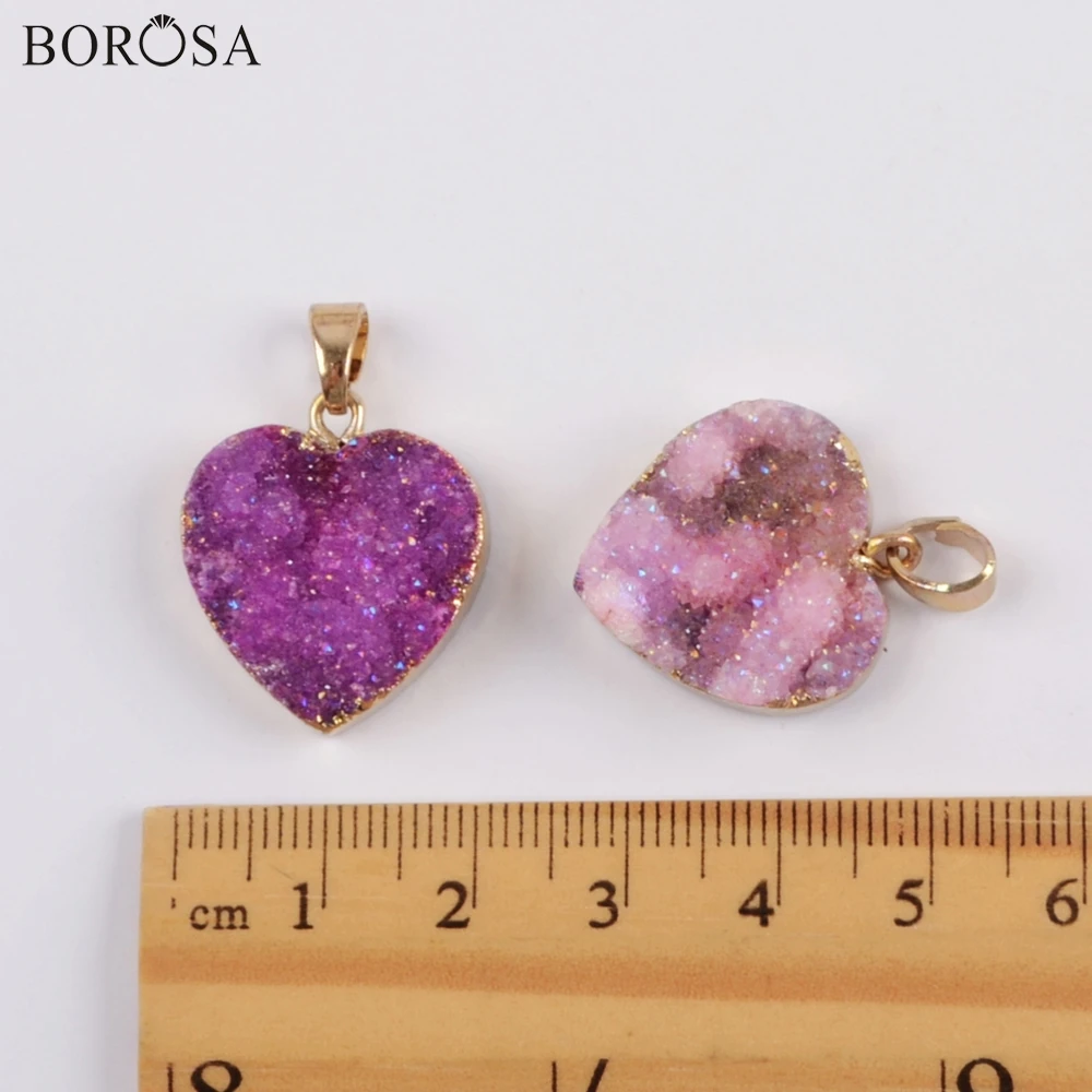 BOROSA 10 шт. Подвески в виде РОЗОВОГО СЕРДЦА Drusy натуральный кулон agates Druzy Титан AB фиолетовая любовь позолоченный кулон для ожерелья подарки для девочек G1829