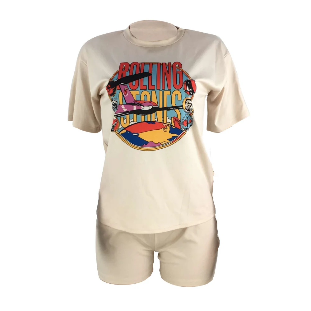 Khaki Однотонные шорты 3 цветов; Футболка с принтом с героями мультфильмов. S-3xl размер Модный Повседневный женский спортивный костюм для весны и лета - Цвет: Khaki