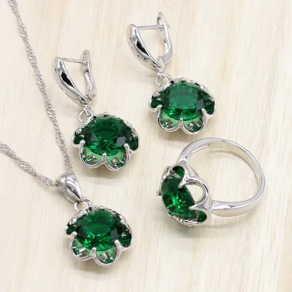 3PCS Серебро 925 ювелирные изделия Костюм Свадебные Ювелирные наборы зеленый цирконий серьги для женщин кольца кулон ожерелье набор подарочная коробка - Окраска металла: 3PCS
