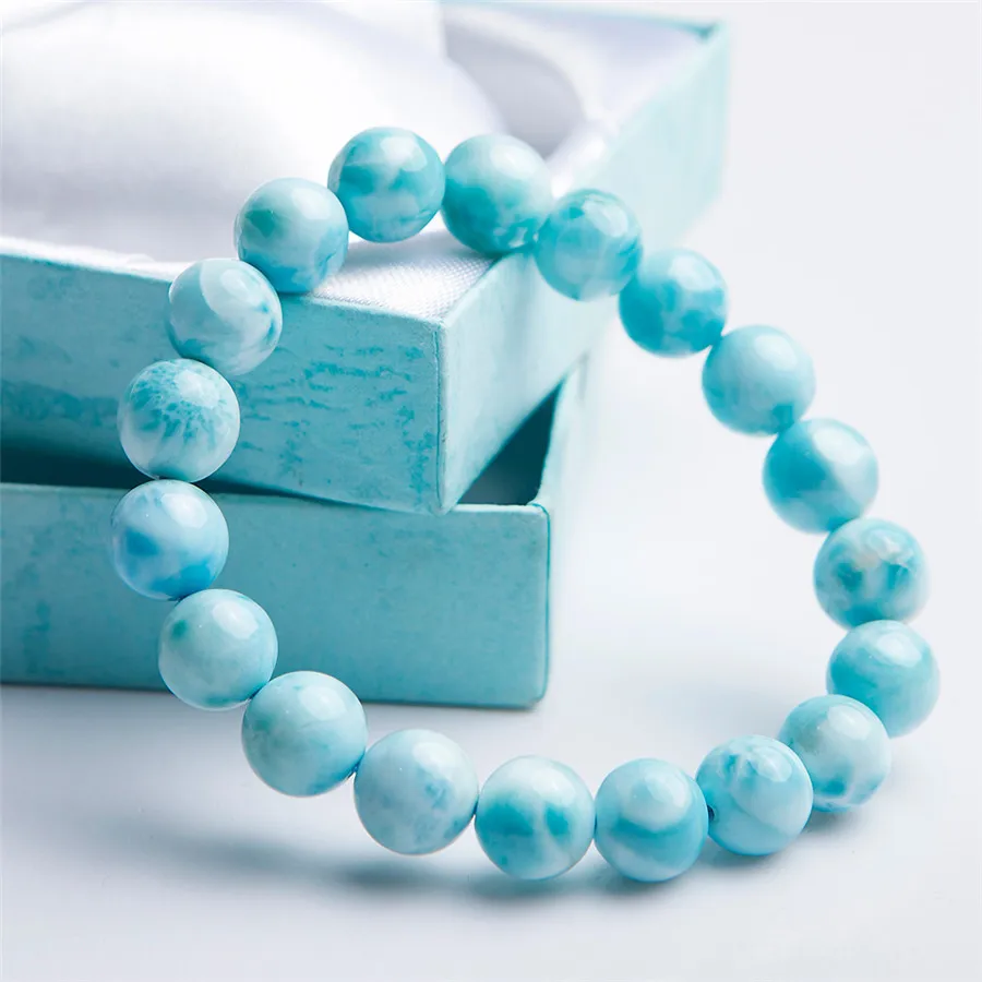 

Natural Blue Larimar Beads Stretch Bracelet 10mm Women Men Gemstone Water Pattern Round Bead Natural AAAAA