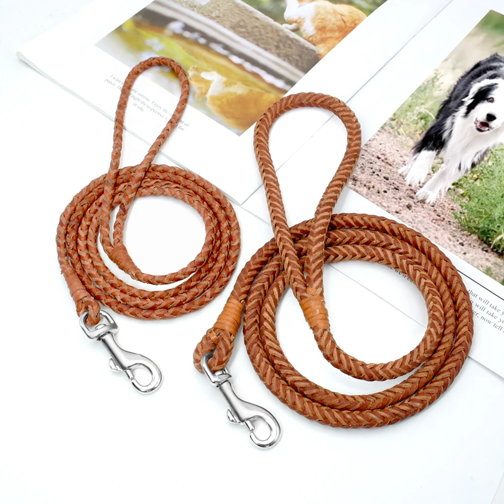 

Rolled Leather Dog Leash For Small Medium Dogs Braided Leather Puppy Cat Pet Walking Leash Leads Brown Color 4ft Long