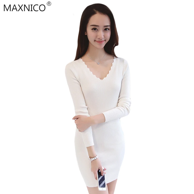Maxnico Новый 2017 Для женщин мода осень вязаное платье с длинным рукавом Bodycon Стретч