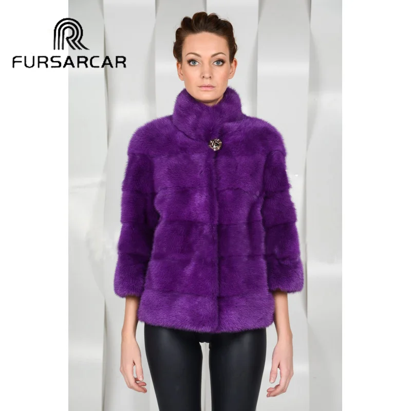 Женская Шуба из натуральной норки FURSARCAR фиолетовая теплая Короткая Меховая