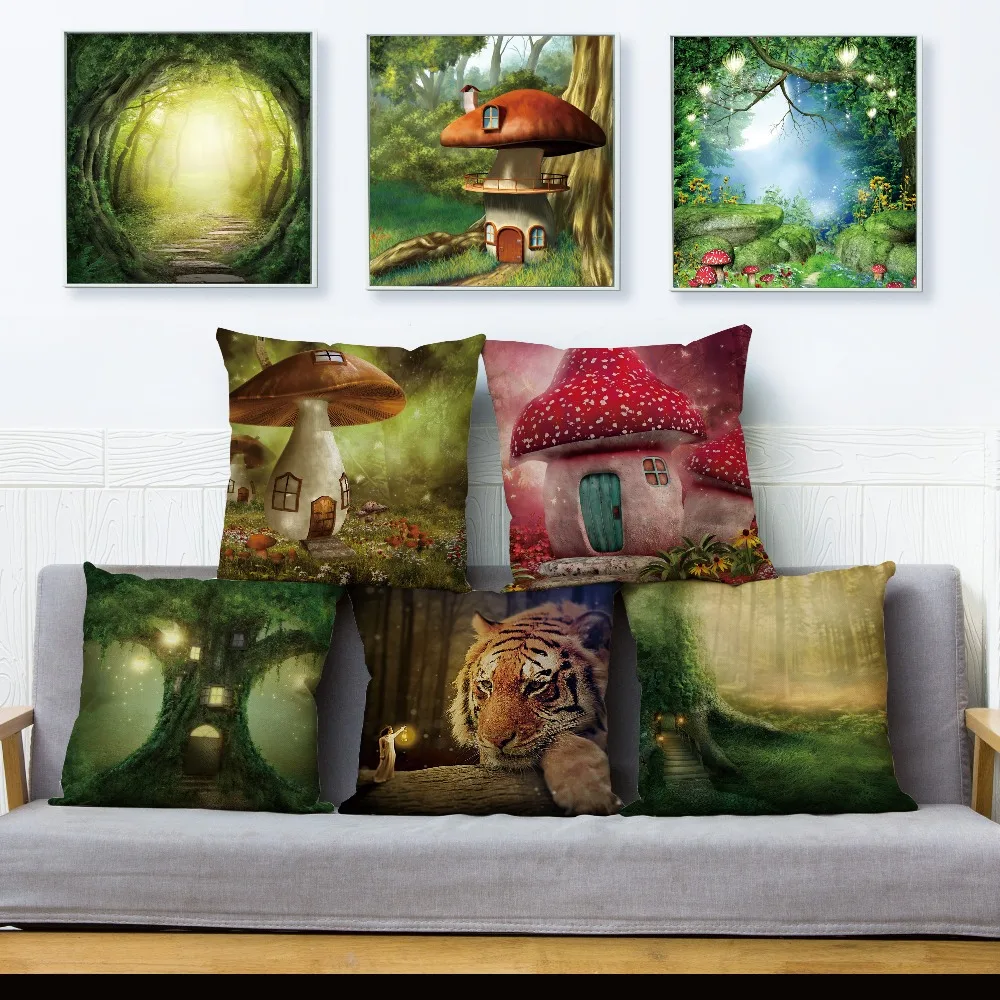 

Psychedelic Forest Tree Mushroom House Cushion Cover for Sofa Home Decor Throw Pillowcase Print Scenic Pillow Case Linen 45*45cm