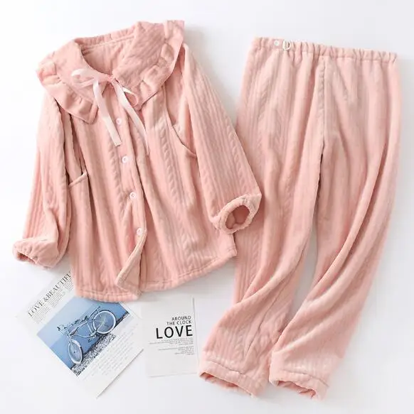 pink2 Толстая теплая зимняя пижама с длинным рукавом, фланелевые зимние пижамы для женщин, домашняя одежда на весну и осень, кружевная Милая Пижама для девочек, mujer - Цвет: pink2