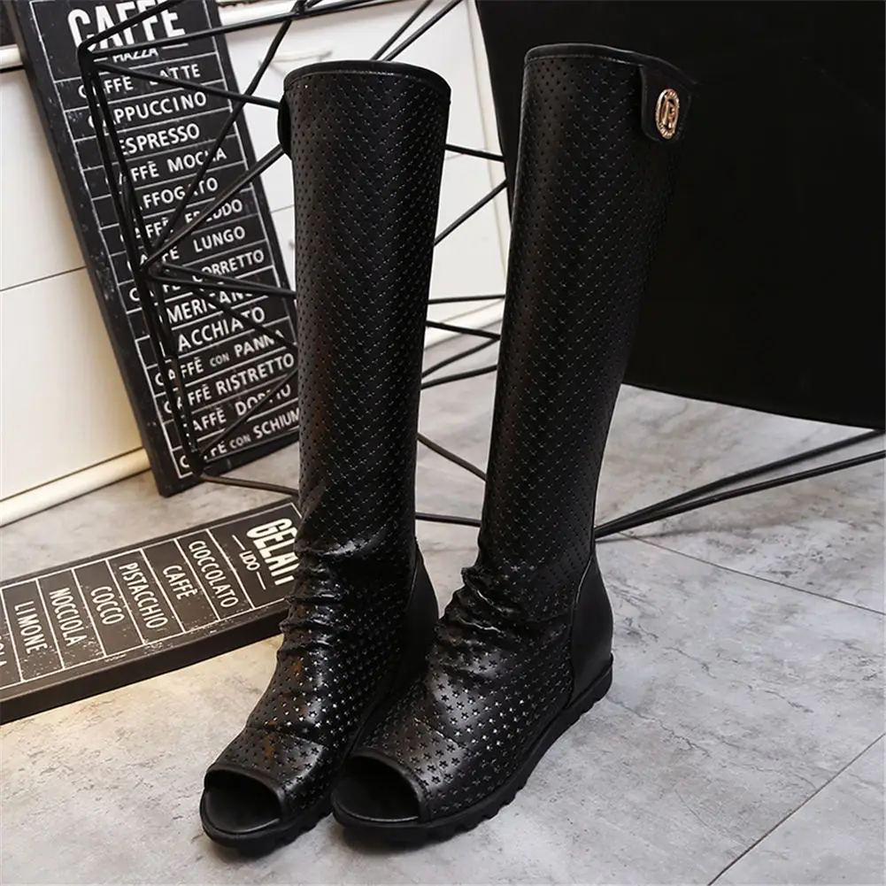 Fashion hollow gladiator Peep toe knee high Boots Woman leisure height increasing summer Boots Woman women shoes