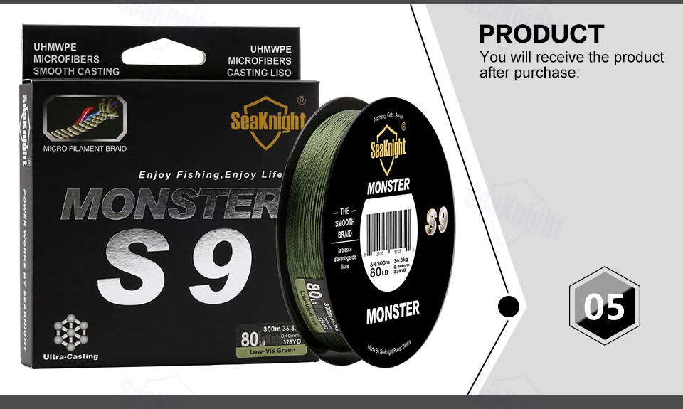 SeaKnight Monster S9 300 м плетеные рыболовные лески, 9 нитей, многофиламентная PE леска, 30 фунтов, 40 фунтов, 50 фунтов, 80 фунтов, 100 фунтов, зеленый, желтый