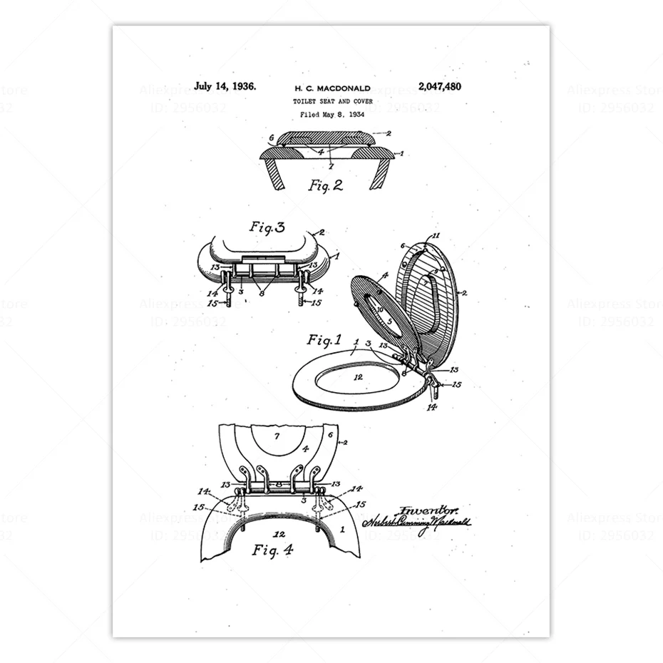 Чехол на сиденье для унитаза винтажный постер с принтом из патента принт холсте в