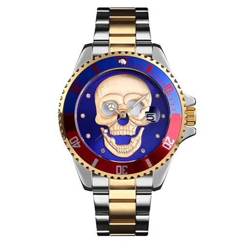 Gold blue 2 Креативные мужские кварцевые часы с рисунком черепа, водонепроницаемые мужские наручные часы из нержавеющей стали, мужские часы Relogio Masculino 9195 - Цвет: Gold blue 2