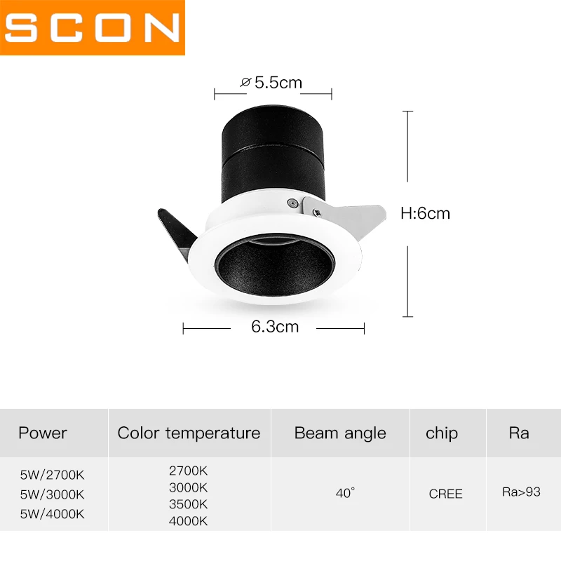 SCON Ant-glare CREE COB 5,5 см 5 Вт мини-светильники для ювелирных витрин светильники потолочный Встраиваемый прожектор
