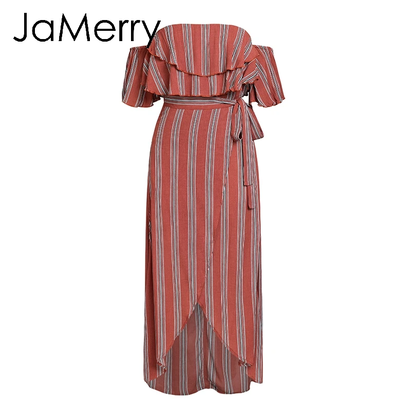 JaMerry Boho vinage Полосатое длинное платье макси с открытыми плечами женское сексуальное платье с оборками богемное женское праздничное летнее платье