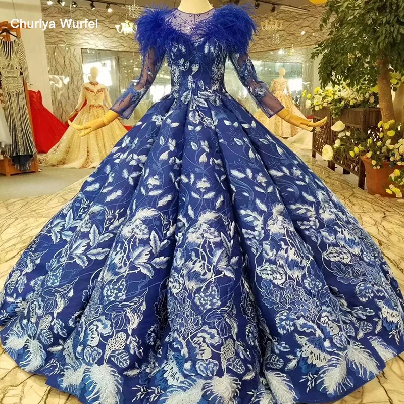 LSS377 blue prom dresses ball gown feather o neck long sleeve muslim evening dress floor length pleat party dresses ladies