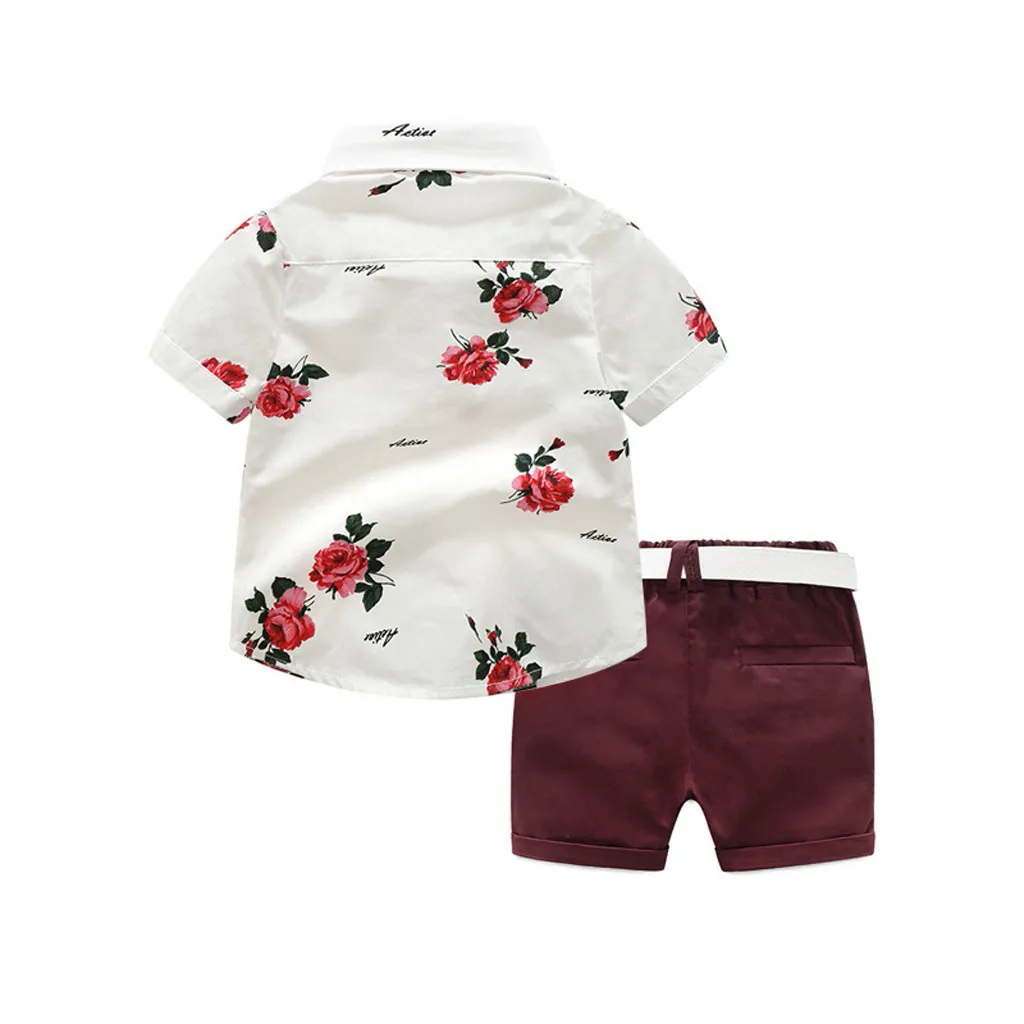 Brand New Floral Baby Boy Gentleman Outfits Suit Short Sleeve Toddler Bow Tie Shirt Tops Red Shorts Summer Set Kids Clothes | Детская