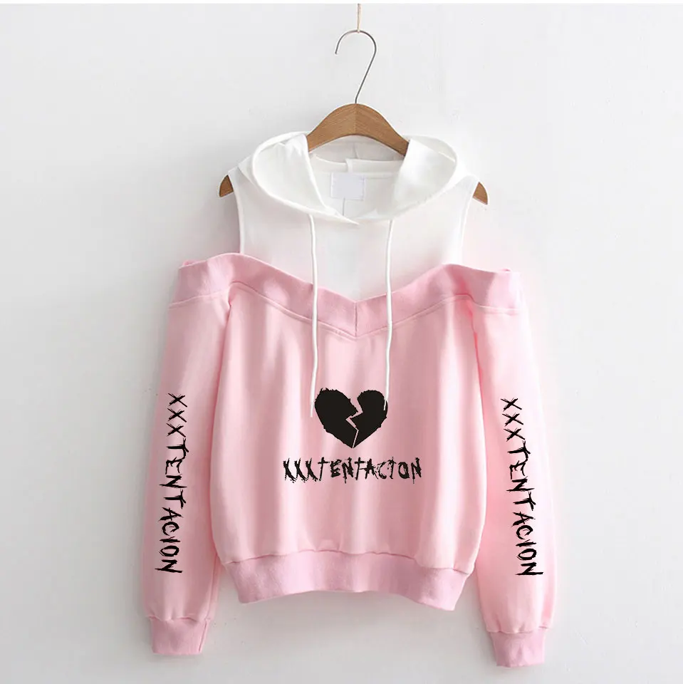 

Pertty XXXTentacion Pink Off-Shoulder Hoodies Fashion Casual Women's Sweatshirts Harajuku Style Off-shoulder Hoodie Women Tops