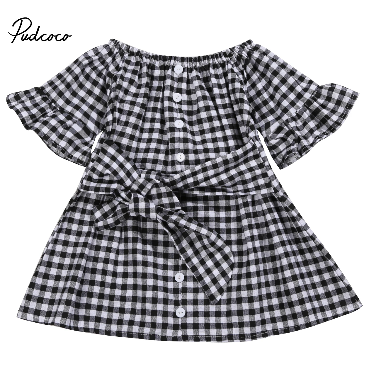 2018 Brand New Summer Toddler Baby Girl Sweet Dress Off Shoulder Flare Sleeve Ruffles Bow Plaid A-Line Knee-Length 2-6Y | Детская одежда