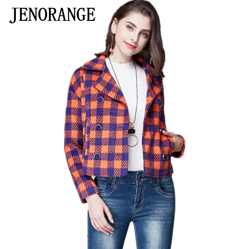 JENORANGE бренд женские зимние случайный стиль двубортный плед шерсть короткая
