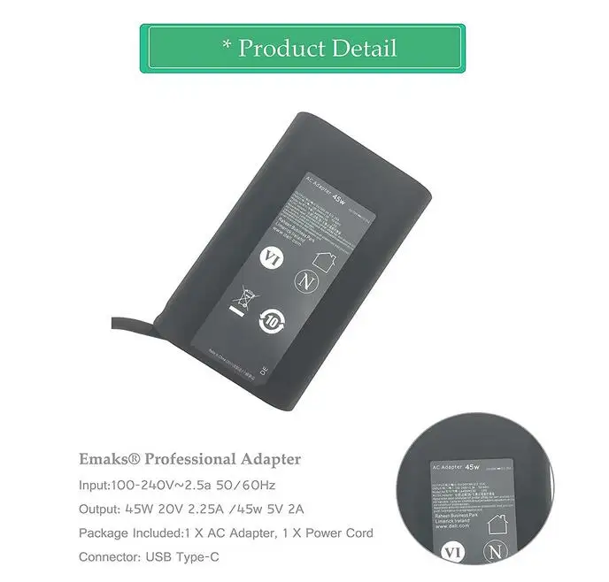 45W 20V/5V 2.25A/2A USB-C Type C адаптер переменного тока для ноутбука Dell XPS 12 9250 и Latitude 7370 7275 Venue
