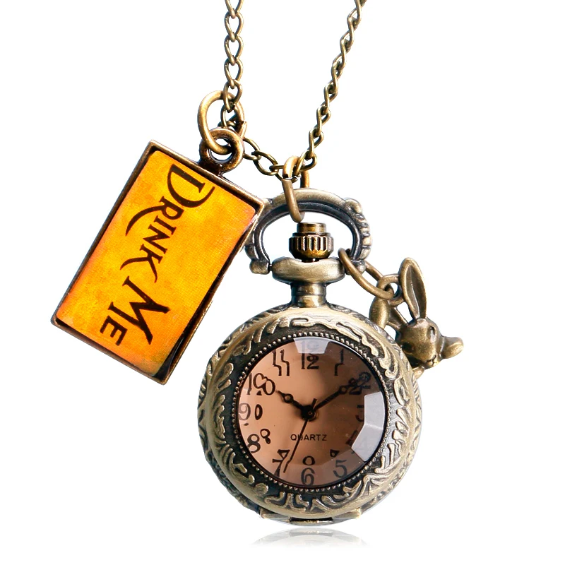 

Antique Bronze Small Pocket Watch Alice in Wonderland with Rabbit Drink Me Pendant Fob Watch Best Chidren Gift
