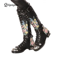 floral women knee high boots fashion rivets martin boots platform buckle lace up high boots shoes genuine leather boots women