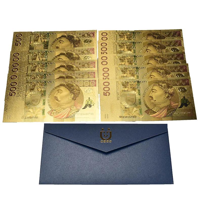 10 шт. безбумажные цветные банкноты из 24 каратного золота в польском стиле 500 PLN