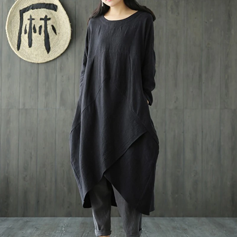 Women cotton and linen dress 2019 spring summer vintage solid loose raglan long sleeve dresses office lady casual oversize | Женская