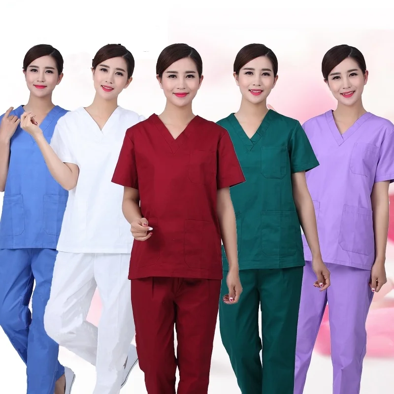 Women's Fashion Scrub Set Nursing Scrubs V-neck Top with Side Vent + Elastic Waistline Pants Medical Uniforms Cotton Surgery |