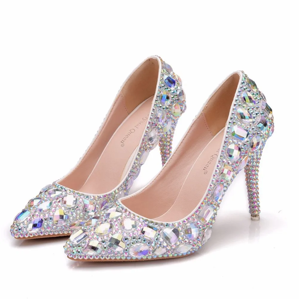 

Crystal Queen Crystal Shoes Cinderella Women Heels Evening Party Glittering Round Toe Custom Silver Rhinestone Wedding Pumps