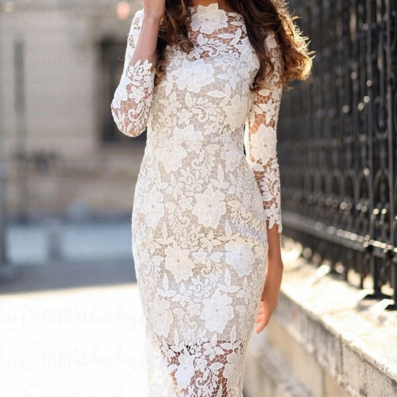 Соблазнительное женское белое кружевное платье новинка 2020 зимняя Водолазка с