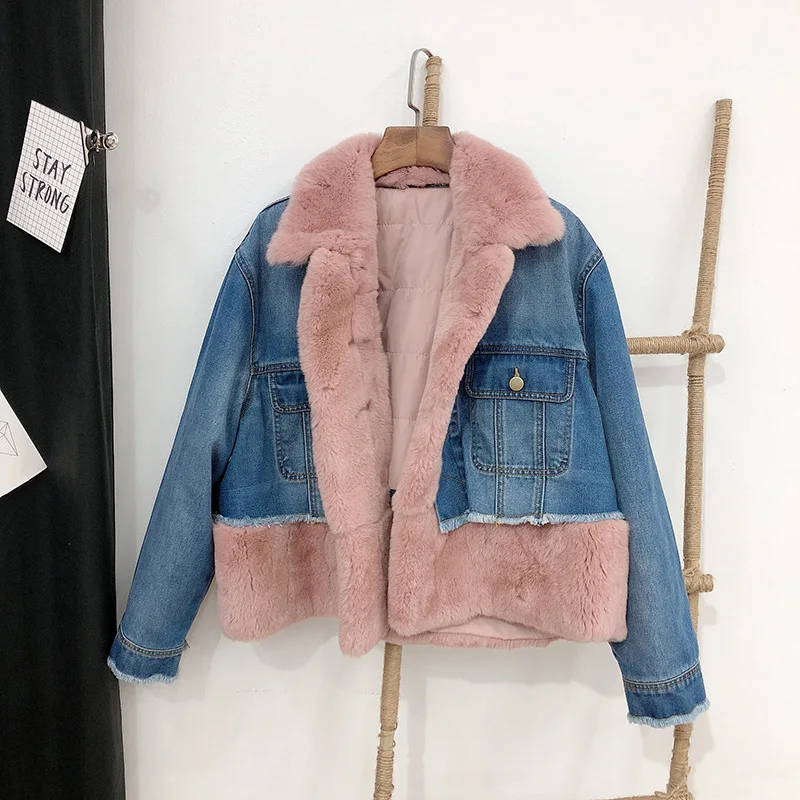 Pink Зимний короткий ковбойский пуховик Parker, женское Стеганое пальто из натурального кроличьего меха, женская верхняя одежда со съемной подкладкой из хлопка - Цвет: Pink