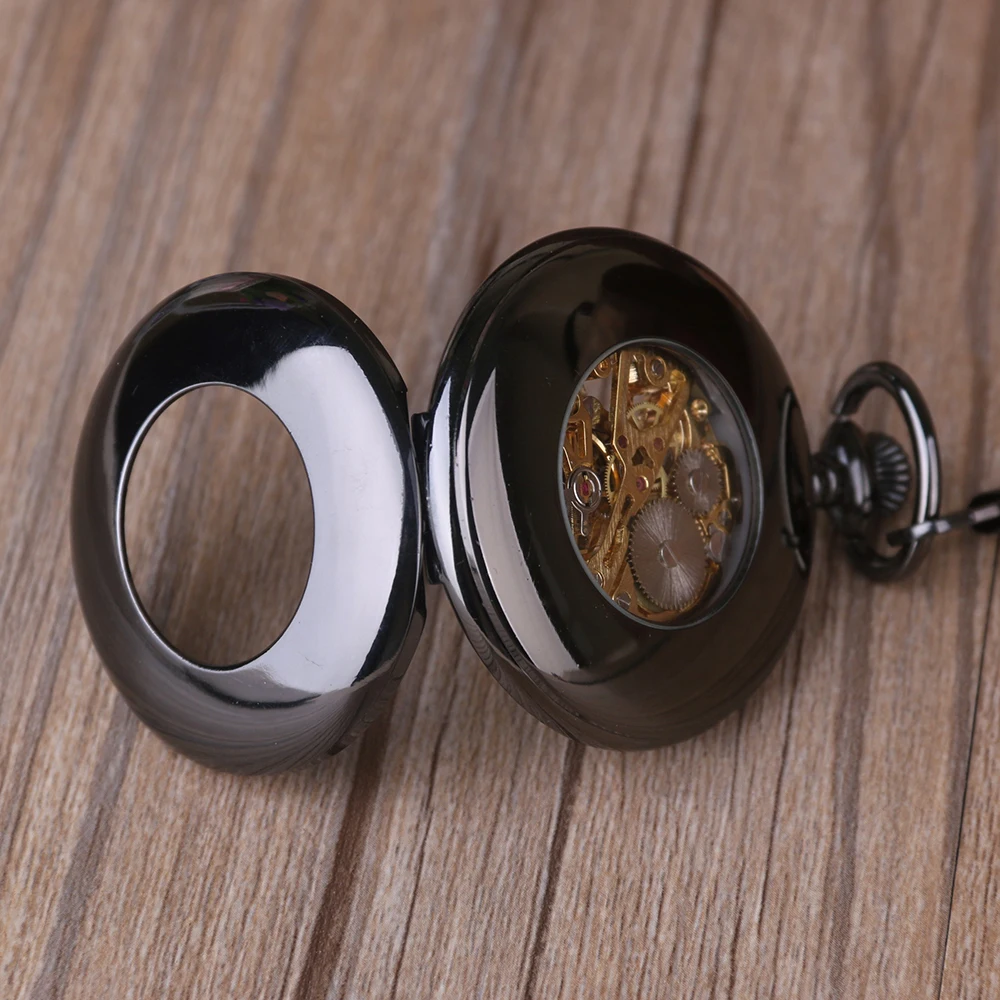 Black Smooth Texture Hollow Manual Mechanical Pocket Watch Retro Steampunk Gentleman Pendant Accessories Men's Clock