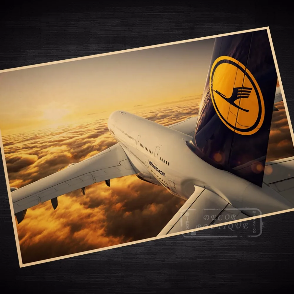 Lufthansa airlines Boeing 747 Ретро стиль холст живопись сплав Постер в деревянной рамке