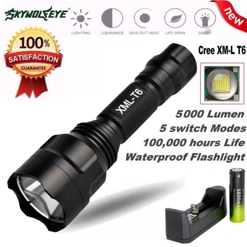 2017 5000Lm C8 CREE XM L T6 светодиодный 18650 фонарик 5 режимов тактисветильник Фокус оптовая