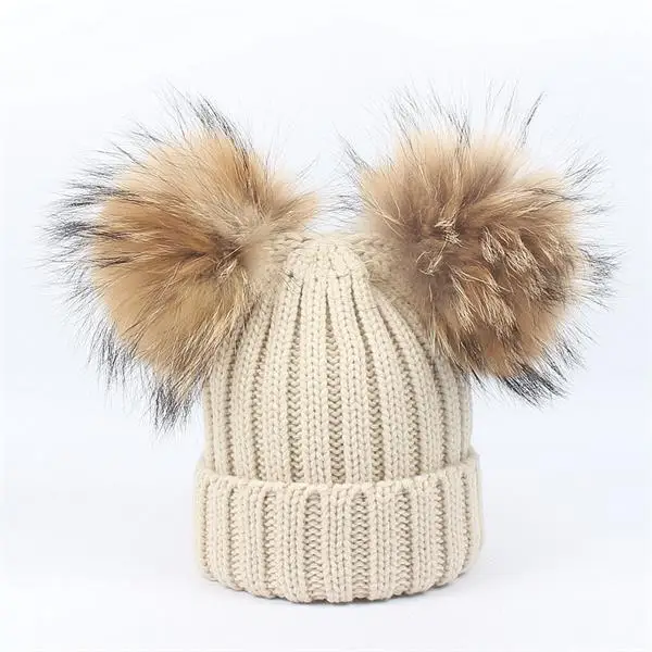 Новая модная детская одежда с натуральным мехом Pom Hat Детские Зимние вязаный комплект шапки для девочек и мальчиков трикотажные шапочки Настоящее меховых помпона шляпа для детей - Цвет: Бежевый