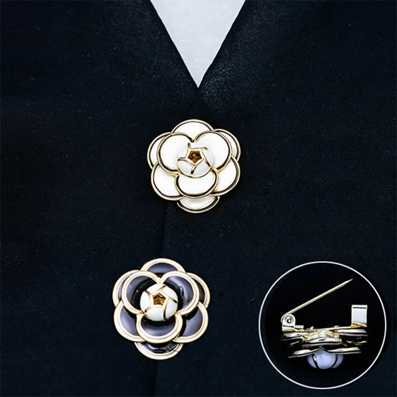 

White Black Camellia Flower Brooch For Women Bijoux Elegant Gift Camellias Brooches Pierce