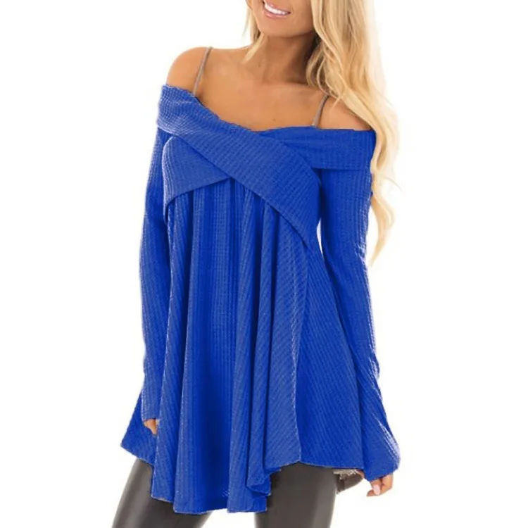 

2018Hot style fall fashion trend bare shoulder strap long sleeve cross stitch sweater streetwear