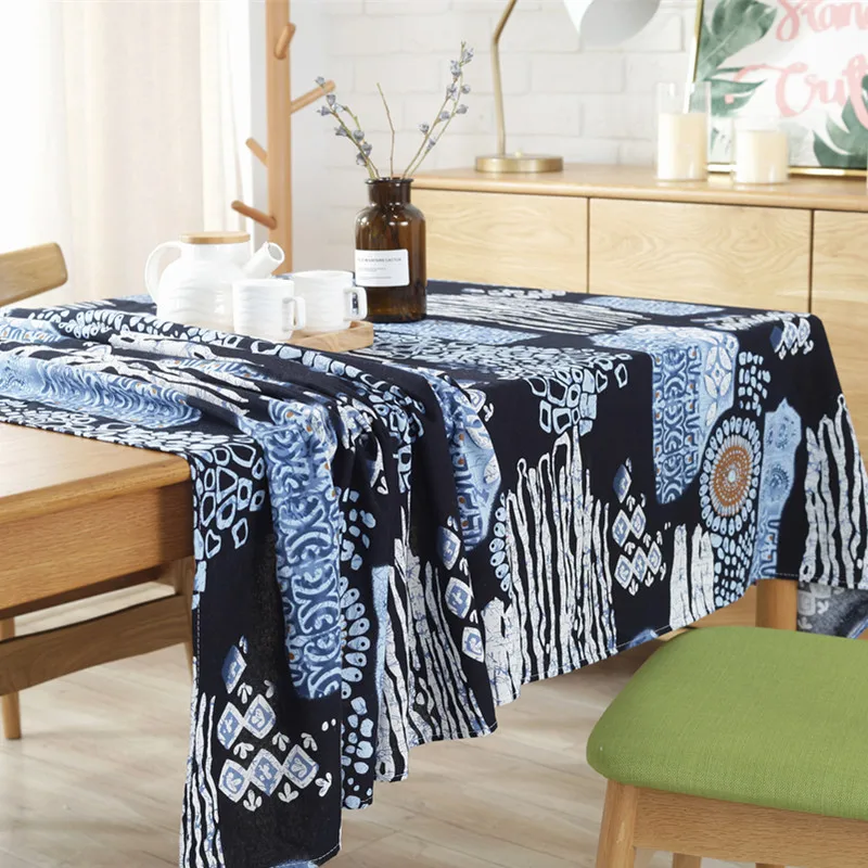 Богемная Этническая Скатерть льняная хлопковая и Обложка для стола синяя