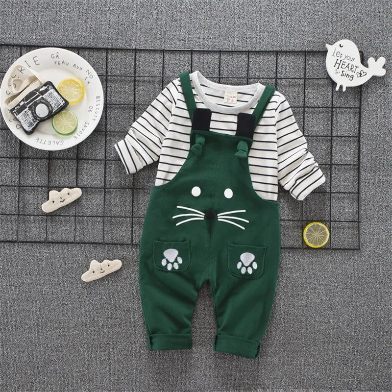 baby girl boy clothing 2018 autumn striped kid children clothes girls boys T-shirt+rompers set | Детская одежда и обувь