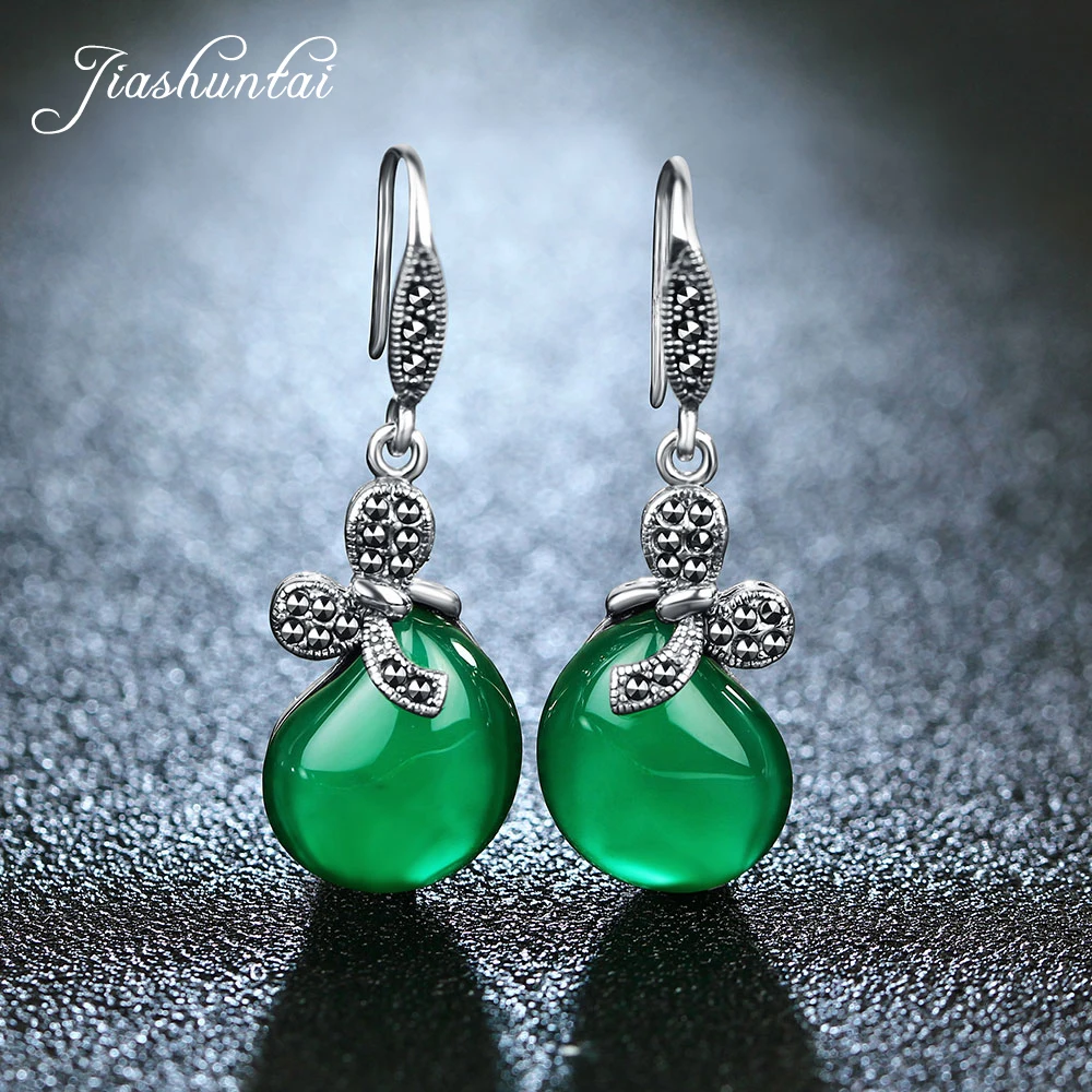 

JIASHUNTAI Retro 100% 925 Sterling Silver Earrings For Women Vintage Natural Green Chalcedony Stone Earrings Jewelry Female