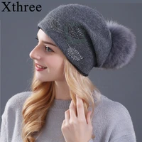 xthree real fox fur pom poms and winter wool knitted hat for women lace embroidery flower skullies hat wholesale