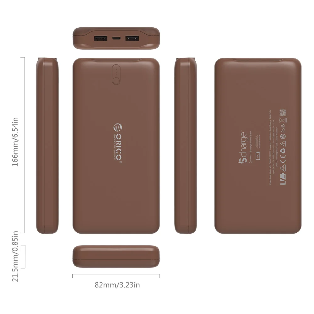 ORICO 20000 мАч Внешний аккумулятор с двумя USB внешними аккумуляторами 5V2. 4A умное зарядное устройство коричневый/белый/розовый