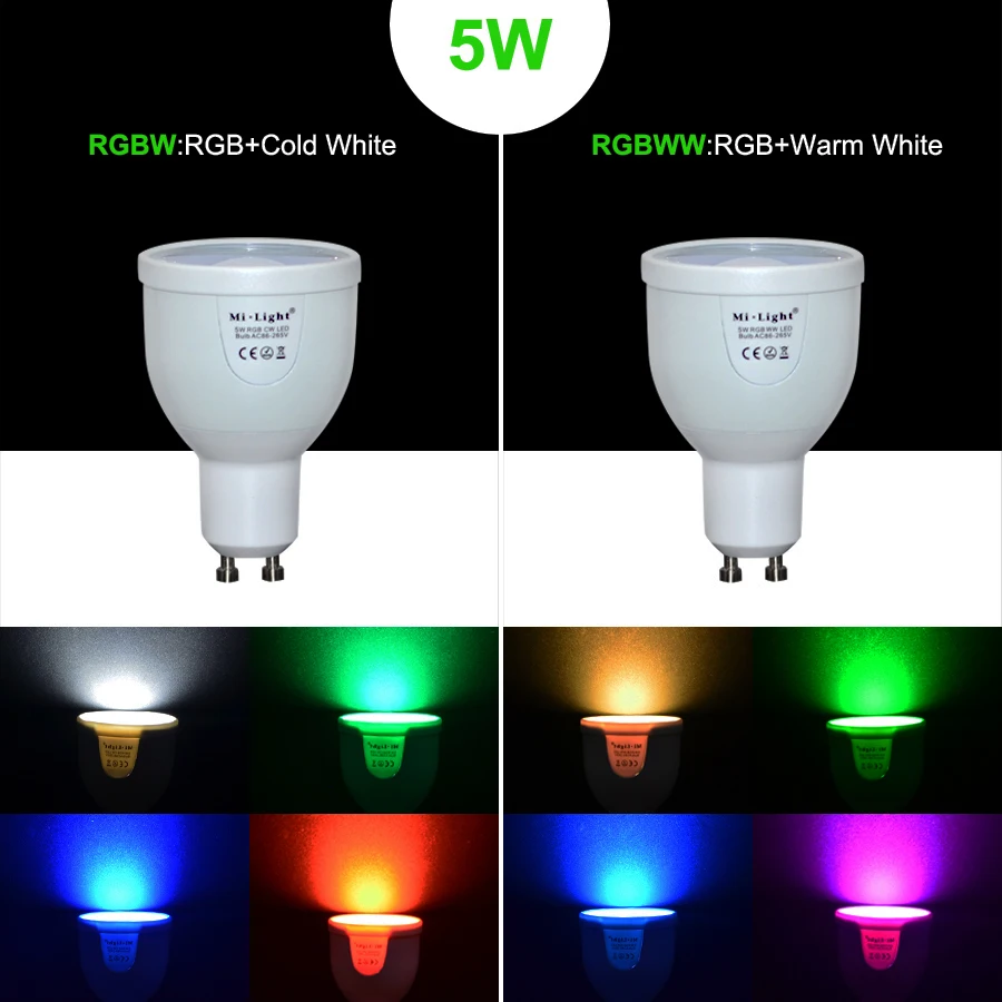 Mi Light RGBW светодиодные лампы AC86 265V GU10 5 Вт RGBWW точечное освещение беспроводная
