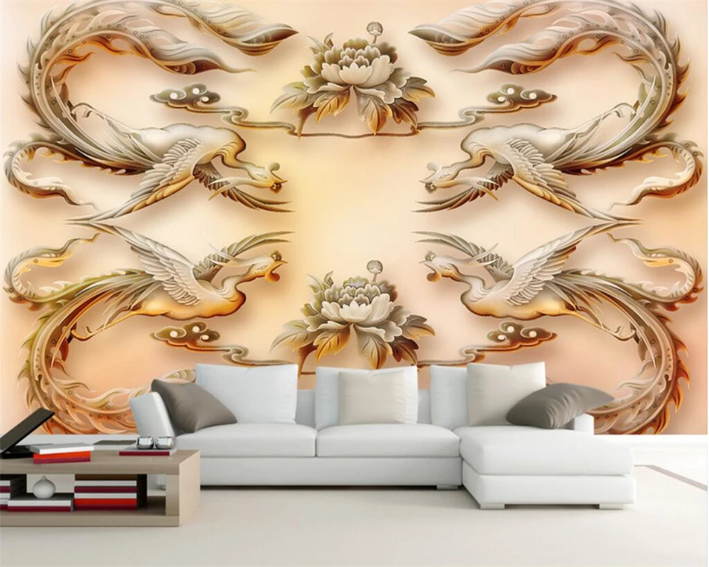 

Beibehang Custom wallpaper rich peony Phoenix three-dimensional jade TV sofa background wall decorative painting 3d wallpaper