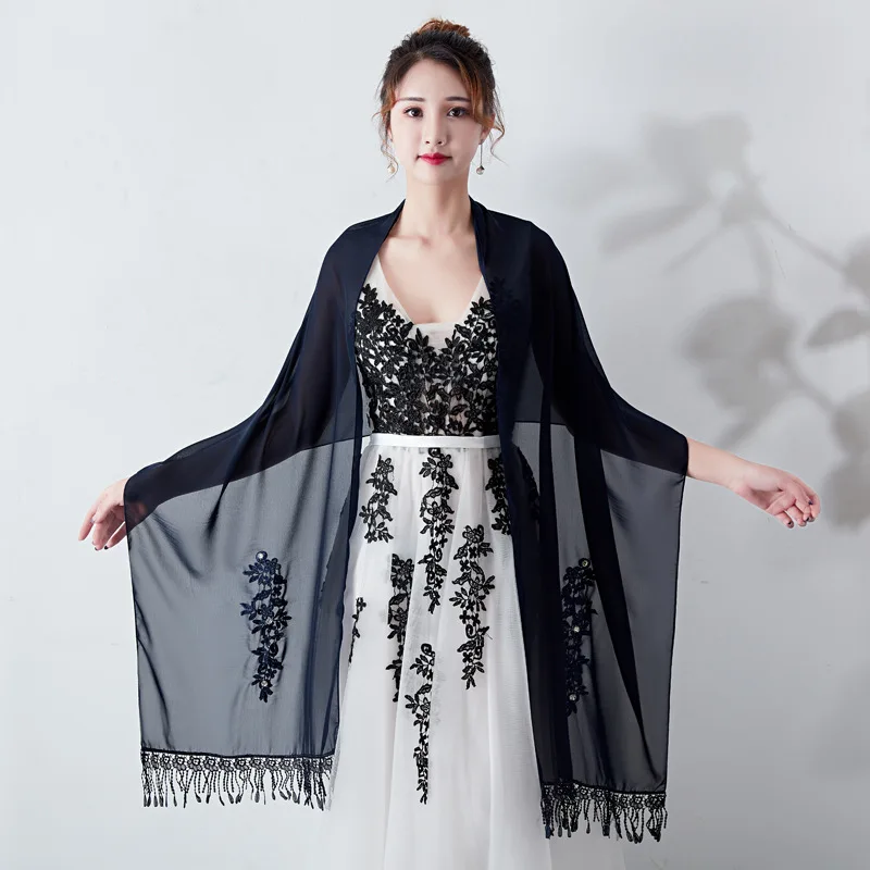 

Long Chiffon Bolero Stole Lace Appliques Beaded Evening Dresses Wedding Shawls Wraps With Tassel Bridal Capes Party Ladies Scarf