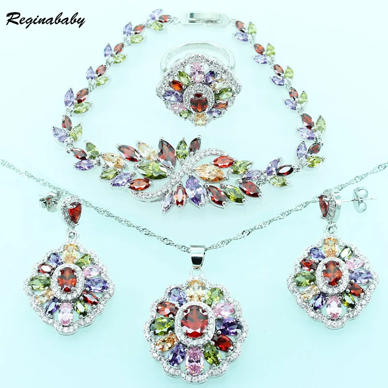 Created Multi Gems Silver Color Jewelry Sets For Women Wedding Bridal Bracelet/Necklace/Earrings/Ring/Pendant | Украшения и