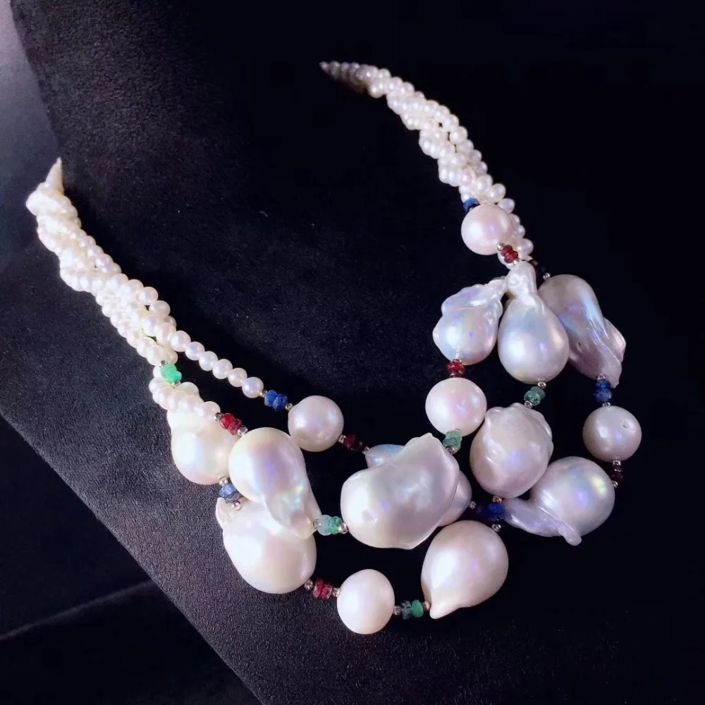 ?? バロック天然淡水真珠のネックレス 19 インチ大小のパール混合マルチレイヤファッション女性ジュエリー送料無料