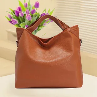 Brown Повседневная женская кожаная сумка, большая однотонная женская сумка на плечо, роскошные сумки через плечо, высокое качество, женская сумка-тоут - Цвет: Brown