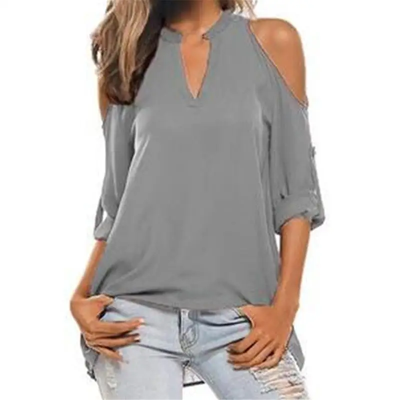 

Elegant Office Women Blouses Shirt Autumn Casual Hollow Chiffon Tops V-Neck Cold Shoulder Blusas Mujer De Moda WS9610X