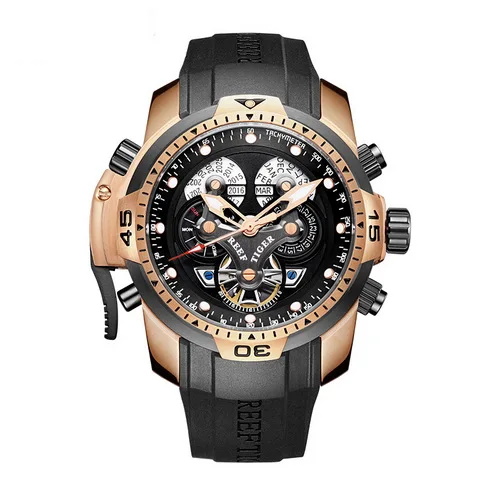 Reef Tiger Aurora Serier RGA3503 мужские спортивные военные многофункциональные автоматические механические наручные часы с циферблатом-резиновый ремешок для часов - Цвет: Коричневый