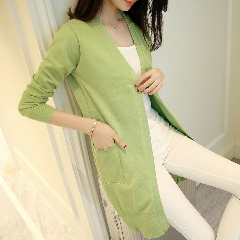 

Women Cardigan Spring Autumn Wool Cashmere Sweater Fashion Medium Long Loose Sweaters for Female Outerwear Coat with Pockets